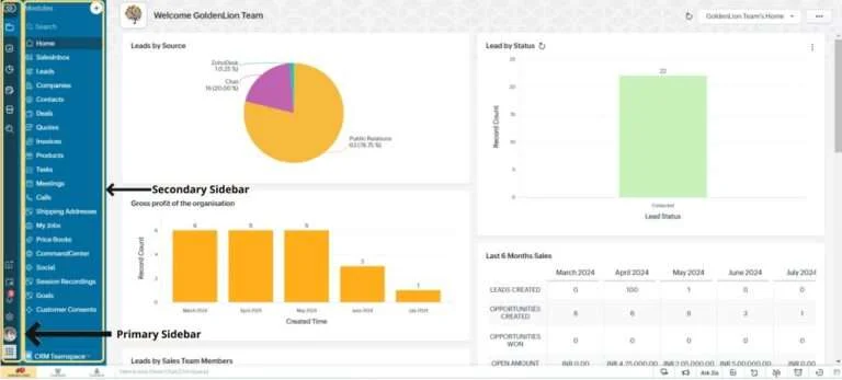 Sidebar in Zoho CRM Interface
